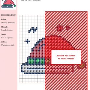 Image of a cross-stitch pattern for a Santa hat, showcasing a red and white design with detailed stitch chart.