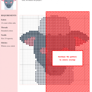 Cross stitch pattern featuring a charming sheep design in gray and pink, with a red overlay indicating the purchasable pattern.