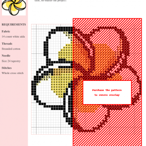 Cross stitch pattern showcasing a plumeria flower in yellow and red, with clear grid lines and color key.