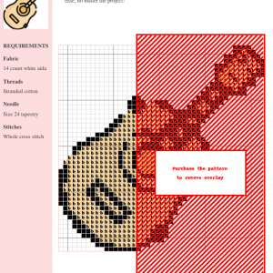Cross stitch pattern showcasing a charming guitar design, featuring predominantly red, beige, and black threads on 14-count white Aida fabric.