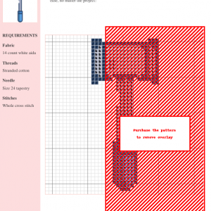 Cross stitch pattern depicting a tenderizer, using red and dark blue threads on white aida cloth. Clear instructions and color codes are included.