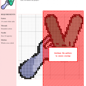 Cross-stitch pattern of a fork, featuring a blend of purple and red tones on a white aida fabric. The design is simple yet charming, suitable for beginners and experienced stitchers.