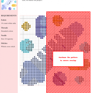 Cross-stitch pattern featuring stylized pills and a thermometer in soft pastel colors on a red background. The design is modern and fun.