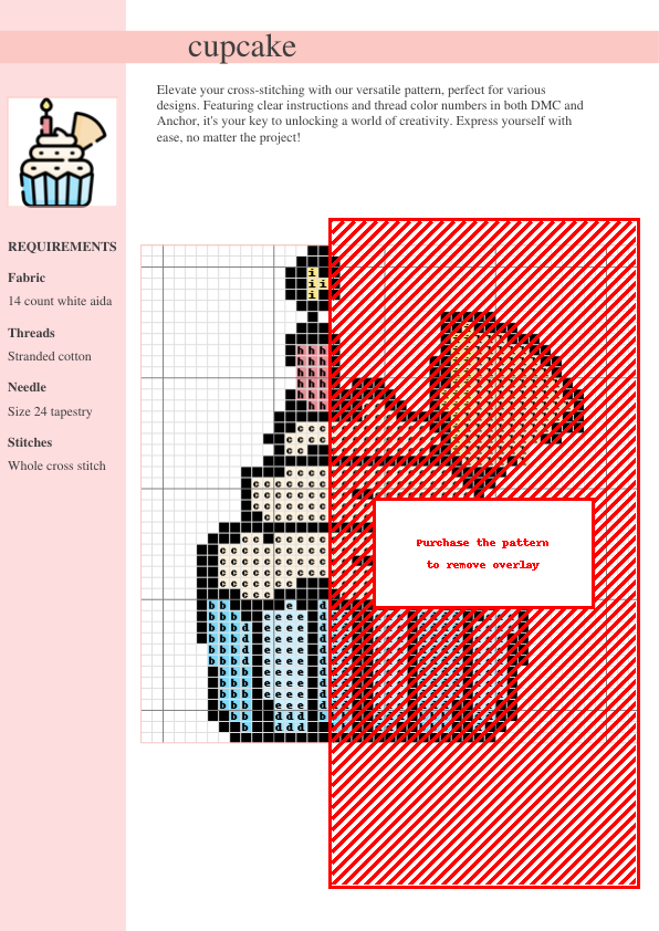 Cross stitch pattern design of a cupcake, showing the color chart and stitch instructions. Perfect for beginners and experienced cross-stitchers.