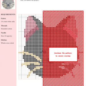 Cross-stitch pattern chart for the 'Bombay' design, featuring a cute animal silhouette in shades of gray, pink, and beige against a red background.