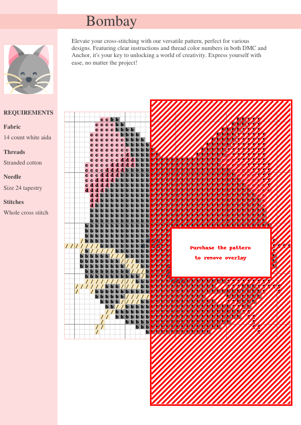 Cross-stitch pattern chart for the 'Bombay' design, featuring a cute animal silhouette in shades of gray, pink, and beige against a red background.