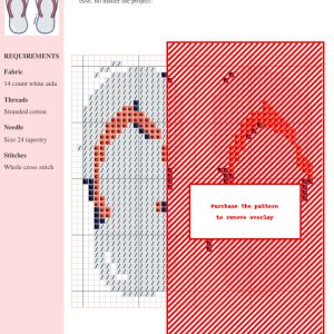 A cross-stitch pattern depicting a pair of flip flops, using predominantly red, coral, and dark blue threads on white aida fabric.
