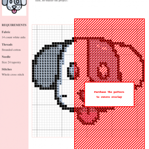 Cross stitch pattern design featuring a cute dog, primarily in black, gray, and red. The pattern is displayed on a grid for easy reference.