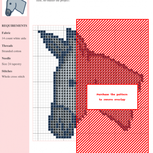 Cross stitch pattern of a cute donkey, using shades of gray and white on 14-count white aida fabric.