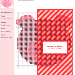 Cross stitch pattern featuring a charming pig design in shades of pink, ready to be stitched. Includes a color key and material list.