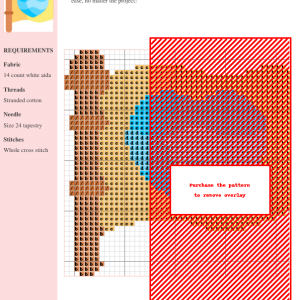 Cross-stitch pattern chart for a flag design, featuring red, orange, beige, and blue threads on 14-count white Aida fabric.