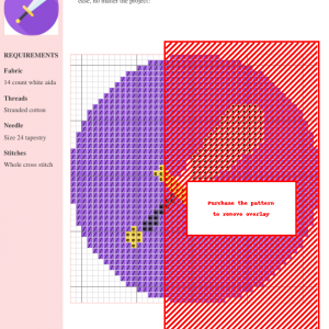 Cross stitch pattern featuring a stylized sword design in shades of purple and red. The pattern includes a color key and material requirements.