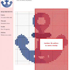 Cross stitch pattern depicting a charming anchor design in navy blue on a white background. The pattern includes a key and instructions.