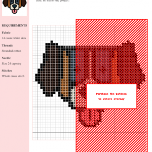 Cross stitch pattern design of a Saint Bernard dog. The image shows a color chart and a gridded design area.