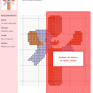 Cross stitch pattern featuring a charming cross design in muted orange, purple and white. The design is shown on a grid with clear instructions.