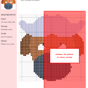Cross stitch pattern of a cute buffalo, featuring various brown, gray, and light purple shades. The design is charted on a grid with DMC and Anchor thread color codes.