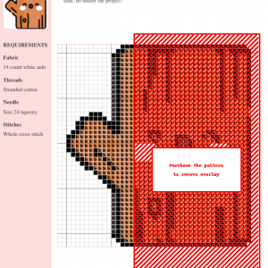 Cross stitch pattern design featuring a cute cartoon log in brown and red, perfect for beginners. Includes a detailed grid chart.