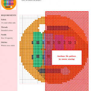 Cross-stitch pattern design of a xylophone, featuring a colorful, circular arrangement. The pattern uses various shades of orange, green, purple, and red.