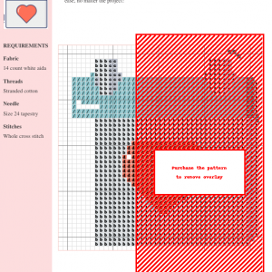 Cross stitch pattern chart showing a calendar design with a heart, using primarily red and teal threads on 14-count white Aida fabric.