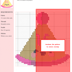 Cross stitch pattern design of a party hat in red, pink, and beige, featuring clear grid lines and symbols for easy stitching.