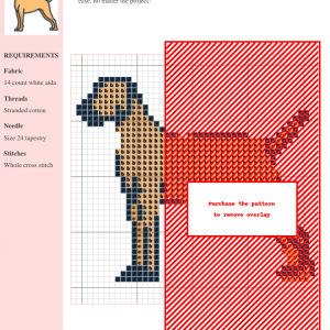 Cross-stitch pattern featuring a charming pointer dog design. The pattern uses beige, dark brown, and red threads on white aida cloth.