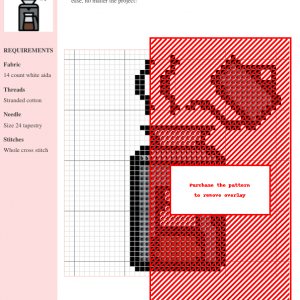 Cross stitch pattern design featuring a charming depiction of a coffee cup and pot, rendered in black and red threads on white aida fabric.