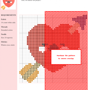 Cross-stitch pattern design featuring a cute cartoon cupid and heart, in shades of red, orange, and beige. The pattern is charted for easy stitching.