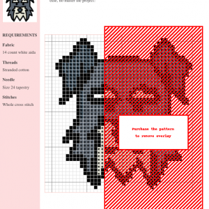 Cross-stitch pattern depicting a miniature schnauzer dog in shades of gray and black, with a red overlay on part of the design.