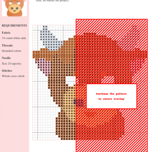 Cross stitch pattern of a cute yak, featuring brown, beige, and light grey threads on 14-count white aida fabric.