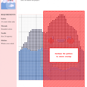 Cross stitch pattern chart depicting a glacier design, featuring blue and red color schemes. Clear instructions and thread color numbers are included.