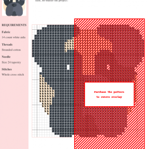 Cross stitch pattern featuring an English Mastiff dog, primarily in shades of gray and red.