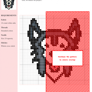 Cross-stitch pattern of a Siberian Husky, featuring grayscale and red accents on a white Aida cloth. The pattern includes clear instructions.