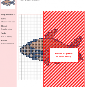 Cross-stitch pattern of a bream fish, featuring muted blues, browns, and beige threads on white aida fabric. The design is partially obscured by a red overlay.