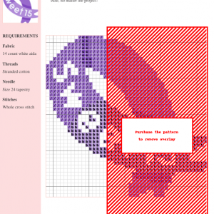 Cross stitch pattern featuring a stylized sash design in shades of purple and red. The pattern is shown on a grid with color-coded symbols.