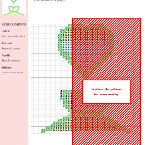 Cross stitch pattern of a heart-shaped flower design. The image shows a color-coded chart with DMC and Anchor thread numbers for easy crafting.