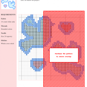 Cross stitch pattern featuring two love birds and hearts, in shades of light blue and pink on white aida fabric.