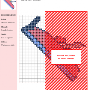 A cross-stitch pattern design depicting a wood plane, featuring shades of blue, pink, and red on white aida cloth. The image includes a key and instructions.