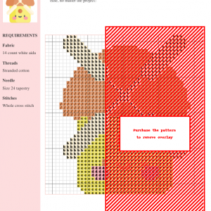 Cross stitch pattern design of a whimsical windmill in warm orange and yellow tones. The pattern includes a color key and material requirements.