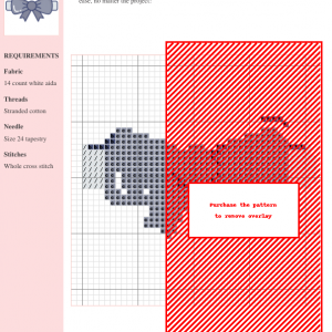 Cross stitch pattern of a bow, showcasing a grayscale design on white aida cloth. Clear instructions and DMC/Anchor thread color numbers are included.