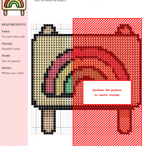 Cross stitch pattern of a colorful banner with a rainbow motif, featuring clear grid and color key.