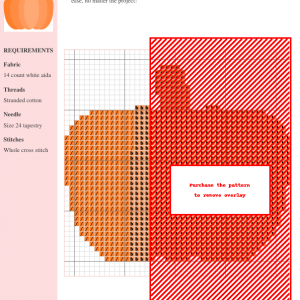 Cross stitch pattern depicting a charming pumpkin in shades of orange and red on white aida cloth. The design includes detailed instructions and thread color numbers.