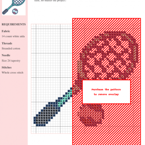 Image of a cross-stitch pattern depicting a tennis racket and ball, featuring a color key and instructions. The design uses predominantly red, dark purple, and teal.