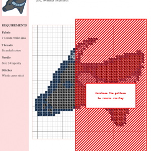 Cross stitch pattern of a buffalo head, featuring shades of blue and grey, on a white 14-count aida cloth background.