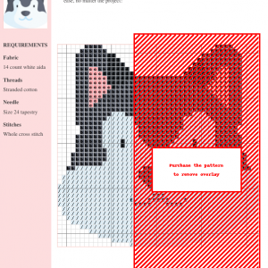 Cross stitch pattern depicting a Siberian Husky dog. The design uses shades of gray, black, and white for the dog's fur and incorporates a simple background.