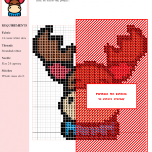 Cross stitch pattern of a cute moose, featuring brown, red, and blue threads on white aida cloth. The pattern includes clear instructions and DMC/Anchor thread color numbers.