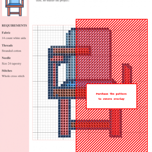 Cross-stitch pattern design of a desk chair, showcasing various colors and a detailed design suitable for intermediate stitchers.