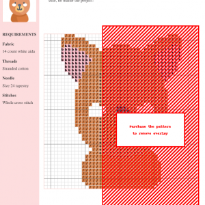 Cross stitch pattern of a cute kangaroo, featuring brown and pink thread colors on 14-count white aida fabric. Pattern includes clear instructions and DMC/Anchor thread color numbers.