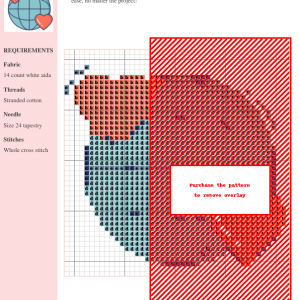 Cross stitch pattern featuring a heart design incorporating a globe, showcasing various color threads and a color key.