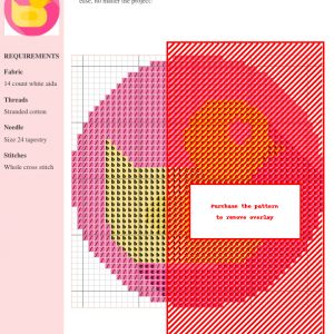 Cross stitch pattern chart of a charming rubber duck in pink, red, and yellow, featuring clear instructions and DMC/Anchor thread color codes.