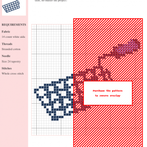 Image of a cross-stitch pattern depicting a deep fryer, featuring a red and navy blue color scheme on 14-count white aida fabric.